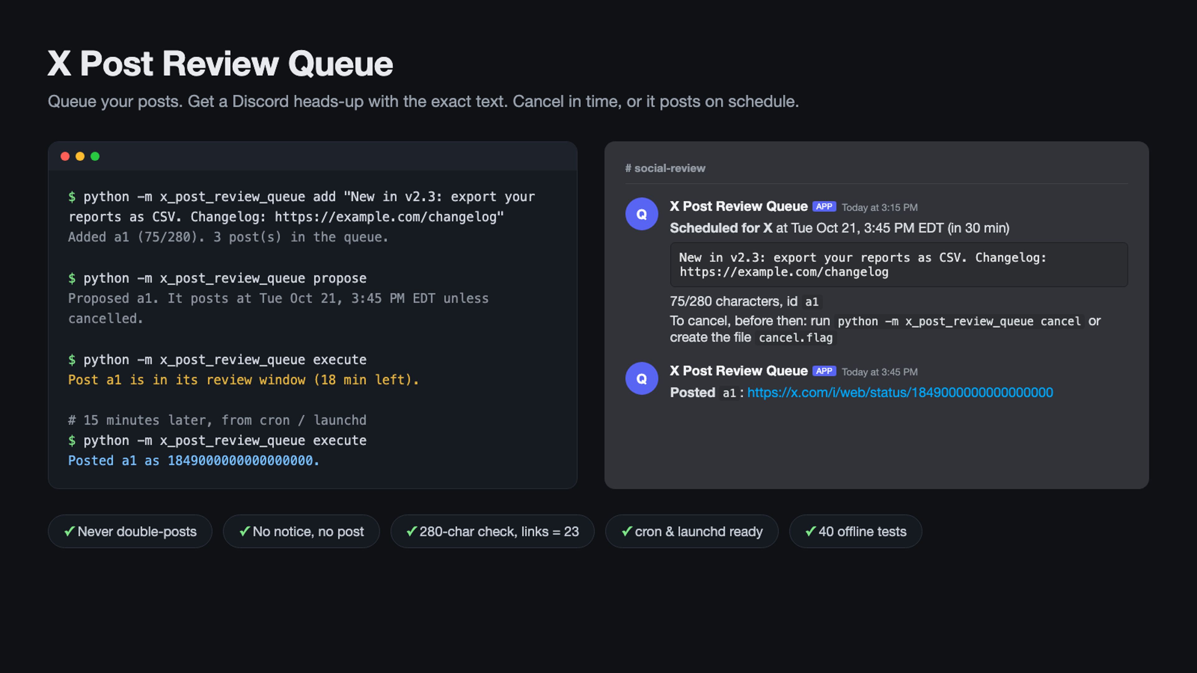 X Post Review Queue: scheduled X posts with a Discord review window